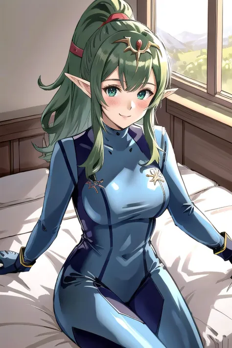 <lora:tiki-fef:0.6>, tiki fe, 1girl, solo, looking at viewer, blush, sitting, on bed, seductive smile, <lora:zerosuit-nvwls-v1-final:0.8>, zero suit, blue gloves, cowboy shot, tiara