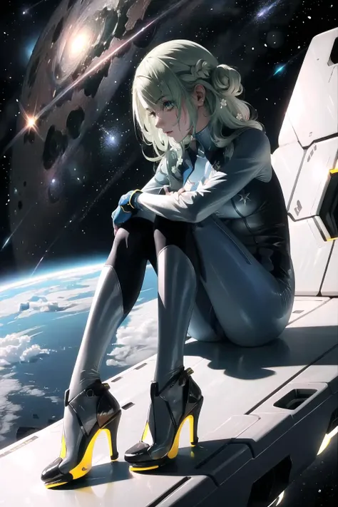 Highly detailed, High Quality, Masterpiece, beautiful, 1girl, solo, FaunaBase, long hair, braided bangs, hair flower, <lora:Char_VTuber_CeresFauna:1>, zero suit, blue gloves, high heels, <lora:Outfit_ZeroSuit:0.9>, space, spacecraft, floating hair, sitting, curious,