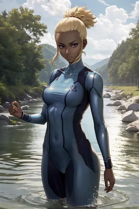 (masterpiece, best quality, absurdres), <lora:flavia-fe-richy-v1-000013:1> flavia, purple eyes, dark-skinned female, dark skin,
1girl, solo, standing, toned, river, swimming, <lora:zerosuit-nvwls-v1-final:1> zero suit,