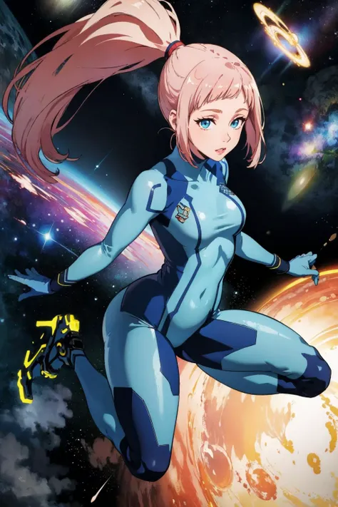 masterpiece, best quality, feliciarnd, ponytail <lora:felicia-fe-richy-v1:1> <lora:zerosuit-nvwls-v1-final:1> zero suit, blue gloves, high heels, outer space, looking at viewer, floating, jumping