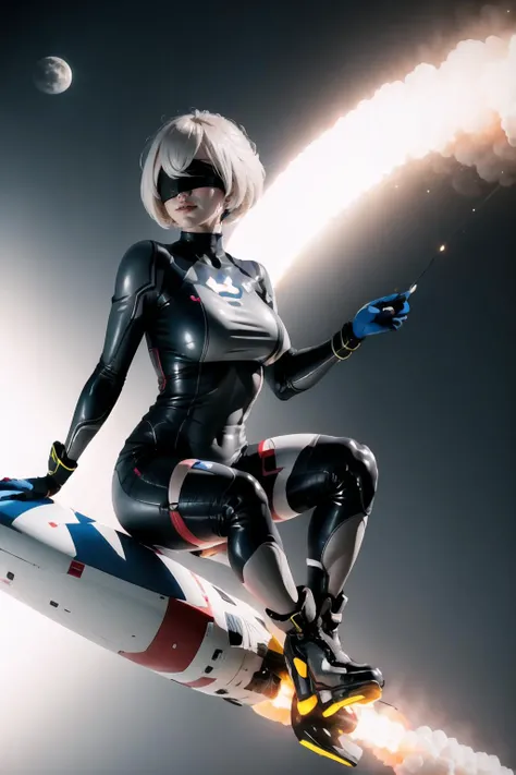 Highly detailed, High Quality, Masterpiece, beautiful, 1girl, solo, missile_surfing, <lora:Pos_MissileSurfing:0.8>, space, spacecraft, moon, earth \(planet\), n_2b, blindfold, black blindfold, large breasts, <lora:Char_Nier_2B:1>, wide shot, floating hair, sitting, curious, zero suit, blue gloves, high heels, <lora:Outfit_ZeroSuit:0.9>