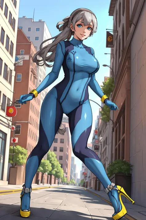 masterpiece, best quality, elie macdowell, hairband, hair ribbon, zero suit, blue gloves, high heels, looking at viewer, large breasts, looking at viewer, smile, city street, whole body <lora:zerosuit-nvwls-v1:0.7> <lora:elie-nvwls-v1:0.9>