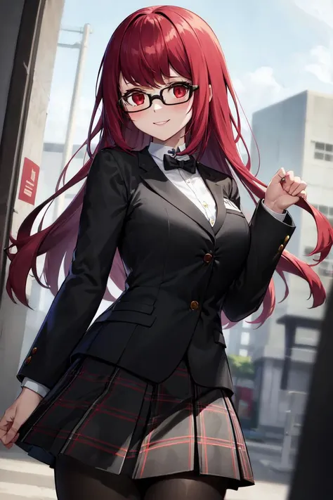 masterpiece, best quality, absurdres, perfect anatomy, 1girl, solo, Yoshizawa Sumire, long hair, glasses, shuujin academy school uniform, black jacket, plaid skirt, black pantyhose, white shirt, standing, smile, <lora:YoshizawaSumire:1>