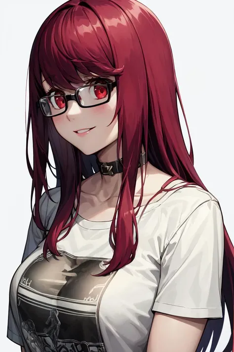 masterpiece, best quality, absurdres, perfect anatomy, 1girl, solo, Yoshizawa Sumire, long hair, glasses, upper body, t-shirt, collarbone, smile, simple background, straight hair, <lora:YoshizawaSumire:1>
