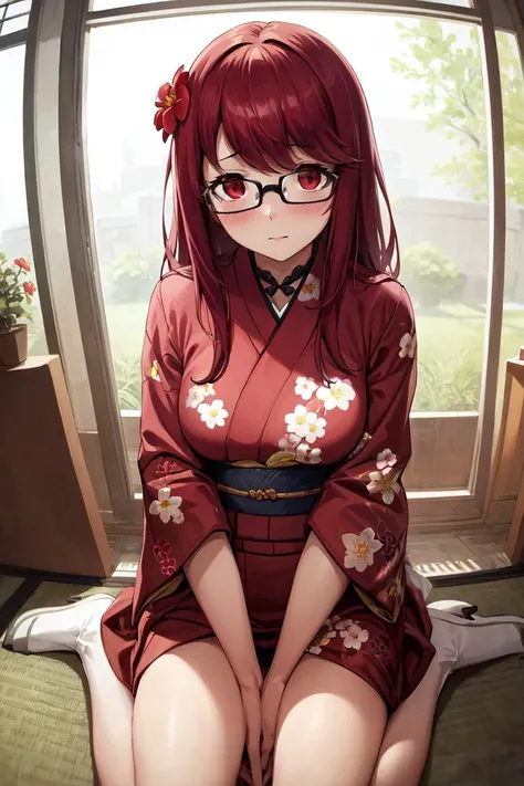 masterpiece, best quality, absurdres, perfect anatomy, 1girl, solo, Yoshizawa Sumire, long hair, glasses, indoors, kimono, hair flower, floral print, wariza, sitting, hands on own knees, <lora:YoshizawaSumire:1>