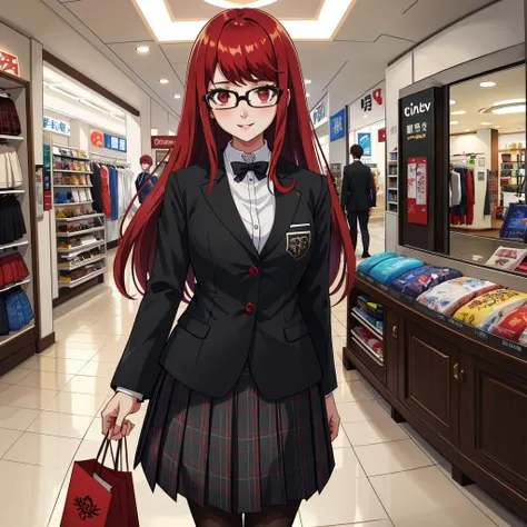 <lora:YoshizawaSumire:1> Yoshizawa Sumire, long hair, glasses, shuujin academy school uniform, black jacket, plaid skirt, black pantyhose, white shirt
masterpiece, best quality, absurdres, indoors, mall, clothes store, smile