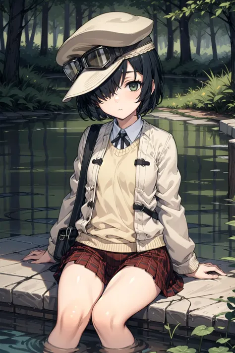 1girl, solo, masterpiece, best quality, highly detailed, illustration, crook mofus, outdoors, forest, lake, partially submerged, sitting, plaid skirt, goggles on headwear, hat, hair over one eye, expressionless, <lora:Crook:0.6>