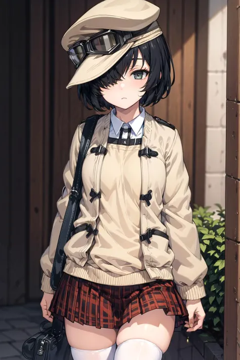 1girl, solo, masterpiece, best quality, highly detailed, illustration, crook mofus, outdoors, standing, plaid skirt, white thighhighs, goggles on headwear, hat, hair over one eye, expressionless, <lora:Crook:0.6>