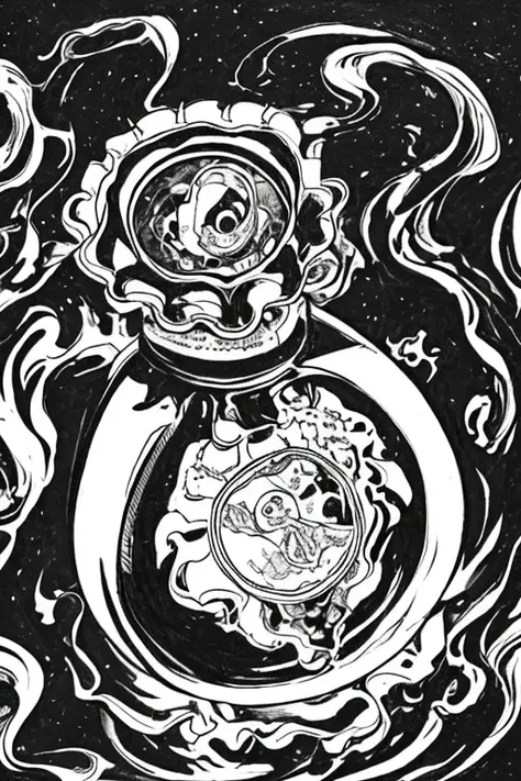 ROCOCO,
a small bottle of perfume,
Floating in the universe,
A composition with space around it,
HandThickline,
no colour,
<lora:Handthickline-000007:1>,