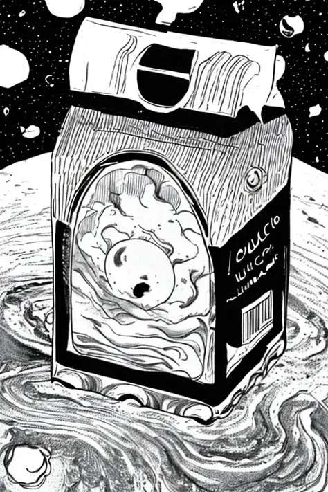 ROCOCO,
a small carton of milk,
Floating in the universe,
A composition with space around it,
HandThickline,
no colour,
<lora:Handthickline-000007:1>,