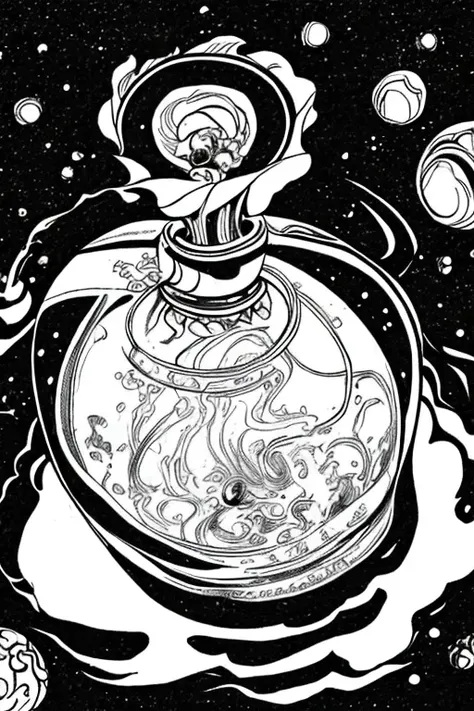 ROCOCO,
a small bottle of perfume,
Floating in the universe,
A composition with space around it,
HandThickline,
no colour,
<lora:Handthickline-000007:1>,