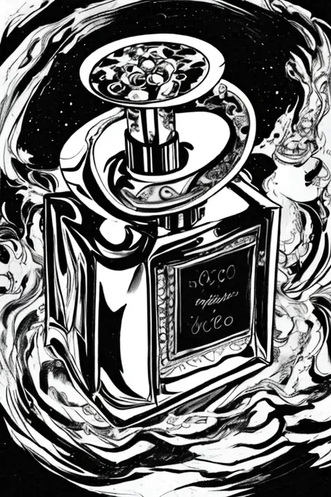 ROCOCO,
a small bottle of perfume,
Floating in the universe,
A composition with space around it,
HandThickline,
no colour,
<lora:Handthickline-000007:1>,