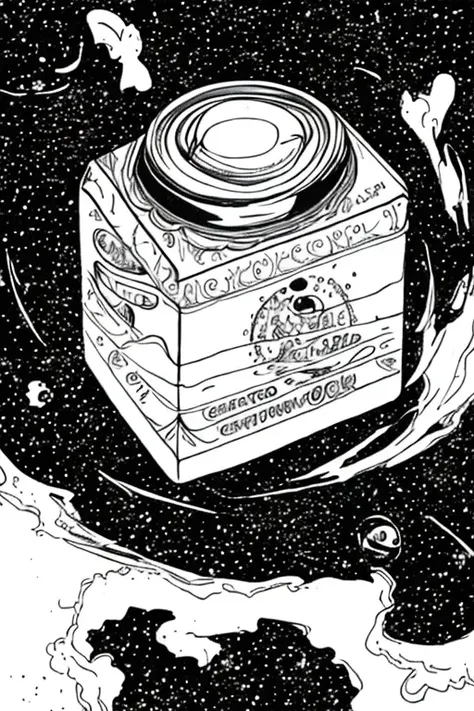 ROCOCO,
a small carton of milk,
Floating in in the universe,
A composition with space around it,
HandThickline,
no colour,
<lora:Handthickline-000007:1>,