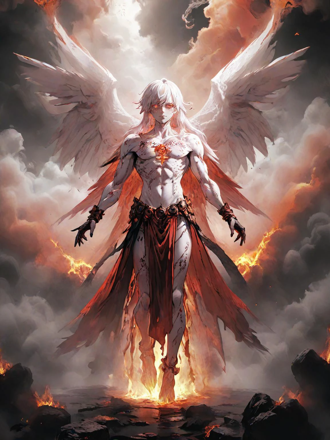 anime artwork (full body shot:1.5), (30yo adult, very muscular:1.4) (1boy:1.2) floating in the air, covered with black oil and red blood,surrounded by smoke, liquid, intricate, elegant, highly detailed, centered, digital painting, artstation, concept art, smooth, sharp focus, illustration, by ( ( tom whalen ) ), wlop, mars ravelo, octane <lora:biblaccurang_lora_sdxl:0.8> biblaccurang, angelic creature, biblically accurate angel <lora:BloodPunkAIp:0.8> bloodpunkai, anime style, key visual, vibrant, studio anime, highly detailed, <lora:LCM_LoRA_Weights:0.7>, back lighting
