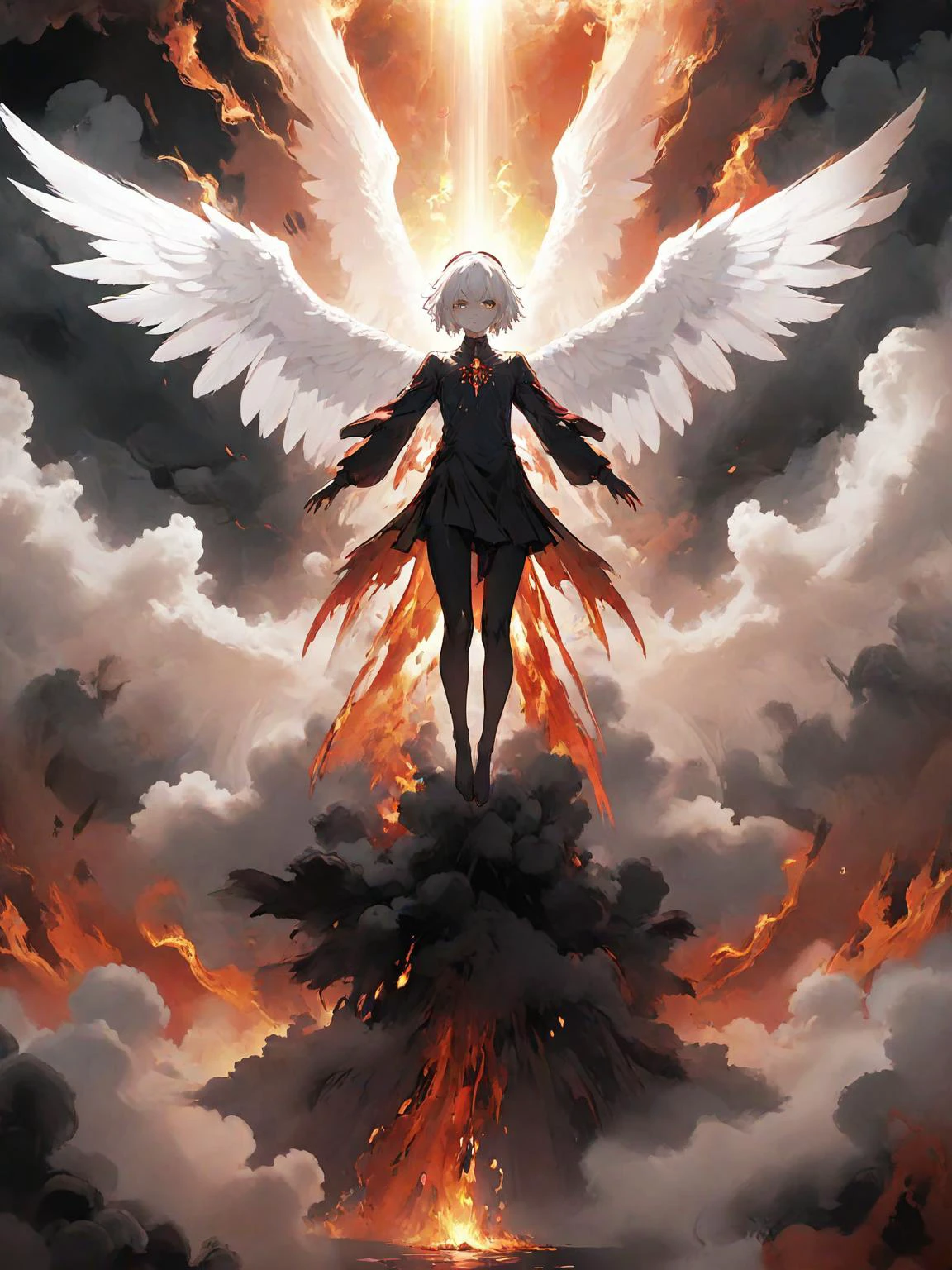anime artwork (full body shot:1.5), a (man:1.2) floating in the air, covered with black oil and red paint,surrounded by smoke, liquid, intricate, elegant, highly detailed, centered, digital painting, artstation, concept art, smooth, sharp focus, illustration, by ( ( tom whalen ) ), wlop, mars ravelo, octane <lora:biblaccurang_lora_sdxl:0.7> biblaccurang, angelic creature, biblically accurate angel, anime style, key visual, vibrant, studio anime, highly detailed, <lora:LCM_LoRA_Weights:0.7>, back lighting