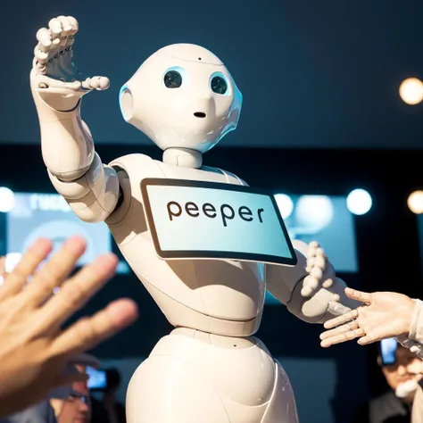 pepperkun,depth of field,blue eyes,english text,outstretched arms,looking away,crowd,(cowboy shot:1.1),<lyco:pepperkun-lyco:1>,