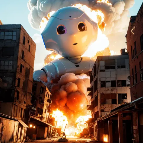 pepperkun ,huge robot, (explosion:1.2), city ruins, destroyer, destroyed city <lyco:pepperkun-lyco:1>