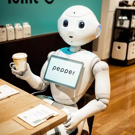 pepperkun ,cafe, holding coffee, sitting, looking at viewer, <lyco:pepperkun-lyco:1>