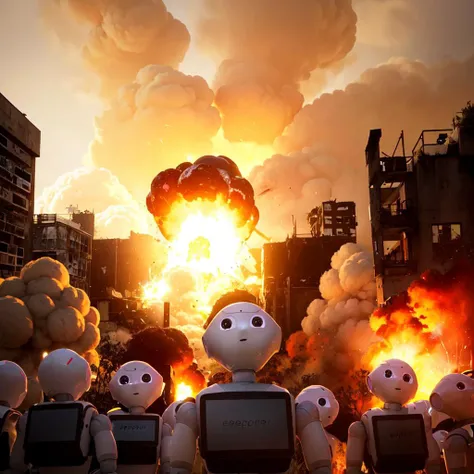 pepperkun ,huge robot, (explosion:1.2), city ruins, destroyer, destroyed city <lyco:pepperkun-lyco:1>