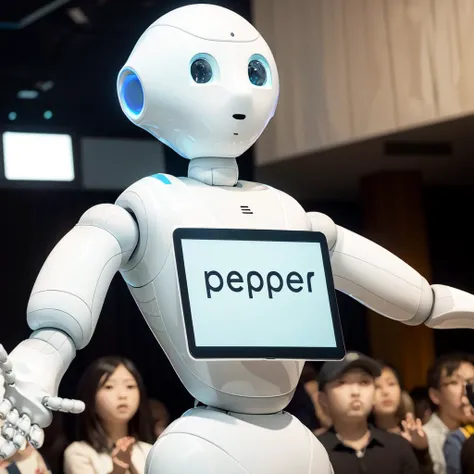 pepperkun,depth of field,blue eyes,english text,outstretched arms,looking away,crowd,(cowboy shot:1.1),<lyco:pepperkun-lyco:1>,