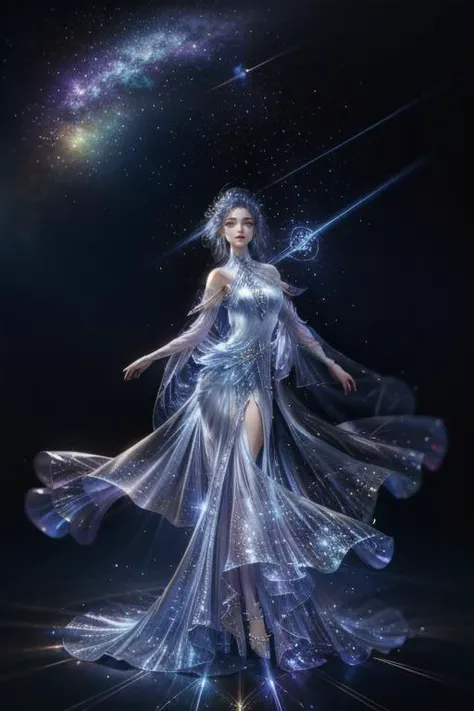 HDR,UHD,8K,best quality,absurdres,masterpiece,Highly detailed,ultra-fine painting,sharp focus,physically-based rendering,simple background,1girl,brilliant transparent blue dress,dynamic pose,water,pray,glow,colorful,Front Drape Neck Halter Side Slit gorgeous dress,light magic,abstract,( in hall background),32k,extremely detailed CG unity 8k wallpaper,best quality,<lora:copax_fairy_dress_v1:1>,extreme detail description,blurry background,Vivid Colors,nebula,star_trail,fantasyArt,