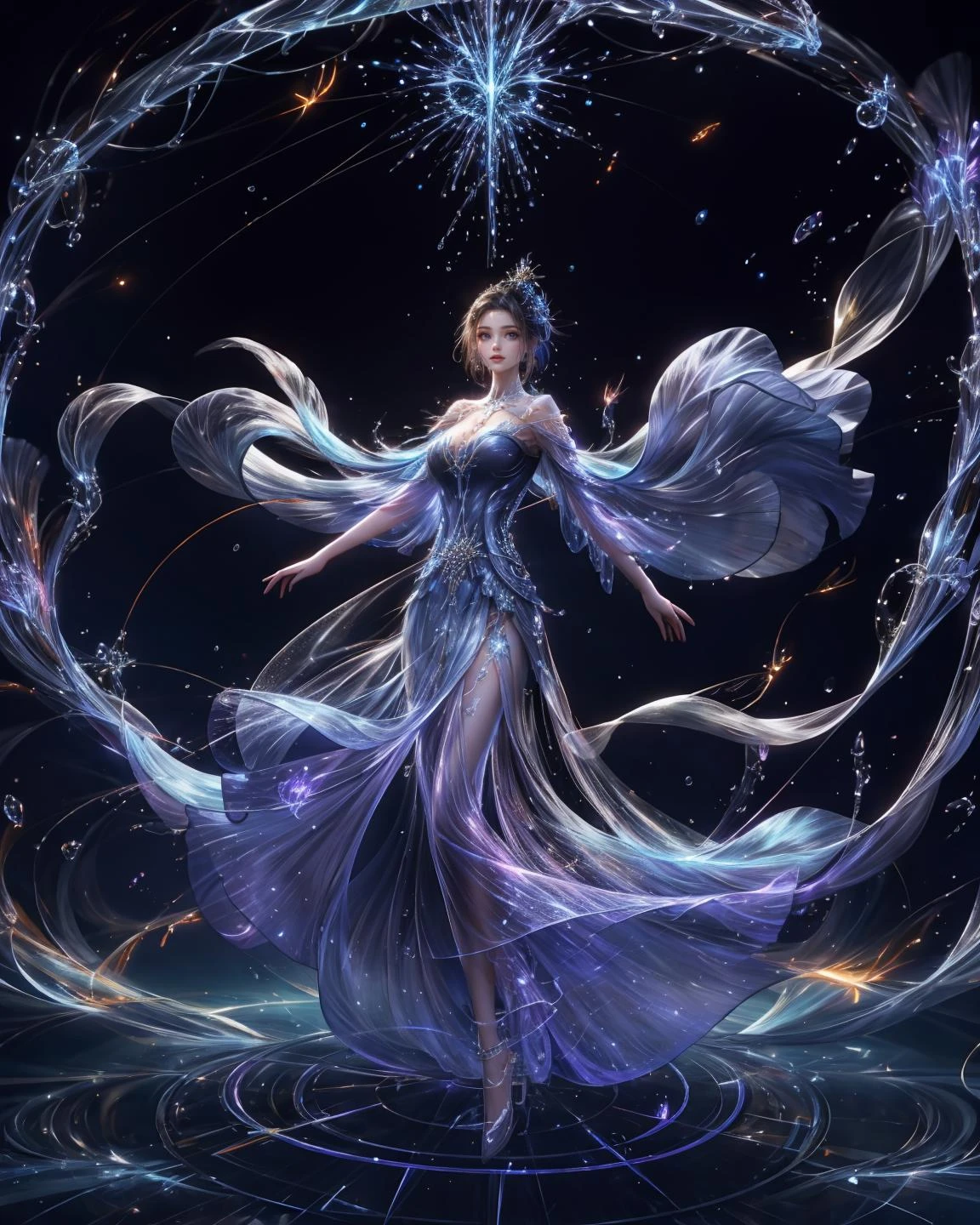 1girl, brilliant transparent blue dress, dynamic pose, water, pray, glow, colorful, gorgeous dress, light magic, abstract, fantasy,( in hall background), 32k,extremely detailed CG unity 8k wallpaper, best quality <lora:copax_fairy_dress_v1:1>