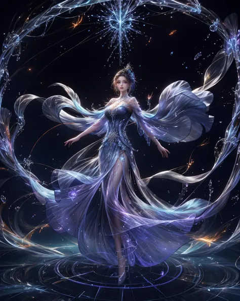 1girl, brilliant transparent blue dress, dynamic pose, water, pray, glow, colorful, gorgeous dress, light magic, abstract, fantasy,( in hall background),  32k,extremely detailed CG unity 8k wallpaper, best quality <lora:copax_fairy_dress_v1:1>