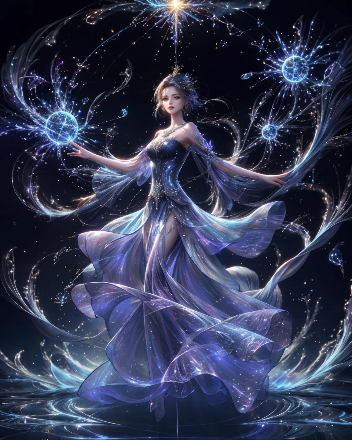 1girl, brilliant transparent blue dress, dynamic pose, water, pray, glow, colorful, gorgeous dress, light magic, abstract, fantasy,( in hall background), 32k,extremely detailed CG unity 8k wallpaper, best quality <lora:copax_fairy_dress_v1:1>