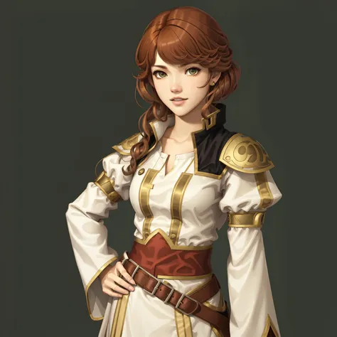 FE15, FE15-Style, Fire Emblem, Fire Emblem Shadows of Valentia, Celica (Fire Emblem), Celica (Fire Emblem Gaiden), Celica (Fire Emblem Echoes: Shadows of Valentia), simple background, green background, light top left, Nehru Jacket, 1Girl, Teenager, Double Bun, Multicolored Hair, Brown Hair, Blonde hair, (Happy:1.3)