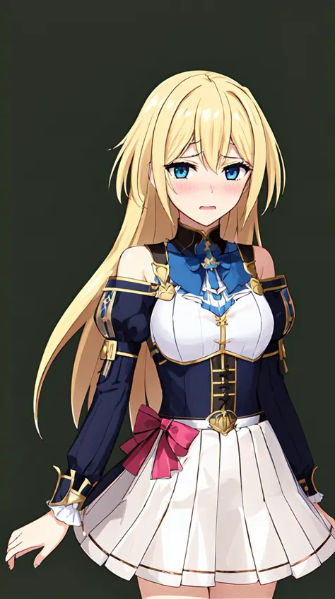 masterpiece, best quality,
 <lora:heronever_astel.sd15.v1:0.65>
astel,1girl,solo, blond hair, long hair, blue eyes (stdoutfit) black shirt black kneehighsbreak white skirt white beltblue necktie bare shoulders blush embarrassed detached sleeves blue sleeves standing, (simple background, black background),
 <lora:FE15 LoCONv3:0.7> FE15, FE15-Style, Fire Emblem, Fire Emblem Shadows of Valentia