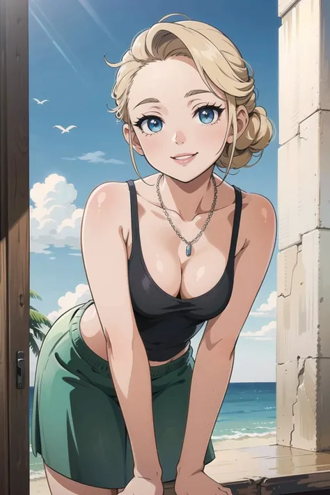 (masterpiece:1.4), (best qualit:1.4), (high resolution:1.4), anna of arendelle, blue eyes, bare shoulder, black bodice, green skirt, necklace, updo, looking at viewer, smile, <lora:anna_of_arendelle_v22:0.7>, downblouse, loose tank top, leaning forward <lora:downblouse-v1:1>