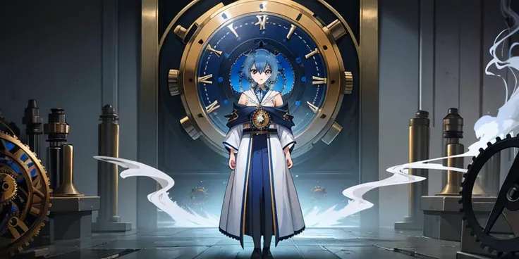 (Close-up:1.2), 1girl, solo, standing inside a fantasy clock tower, blue hair, white eyes, magician robes outfit, intricate background, (clockwork, mechanical items, many cogs:1.2), workshop, all connected, dusty floor, shadowy smoke, dim lighting, panoramic view, dark theme, best quality, amazing detail, 4k, 8k, uhd,