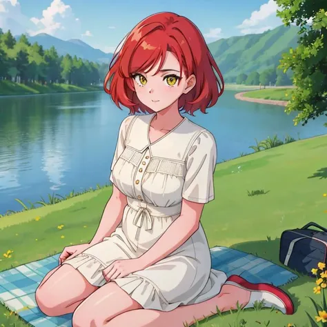 1Girl, mature, American, redhead, medium hair, yellow eyes, sitting on a picnic blanket near a lake, elegant summer dress, happy, grass, tree, lake, clouds, highest quality, highly detailed, 4K, 8K, UHD,