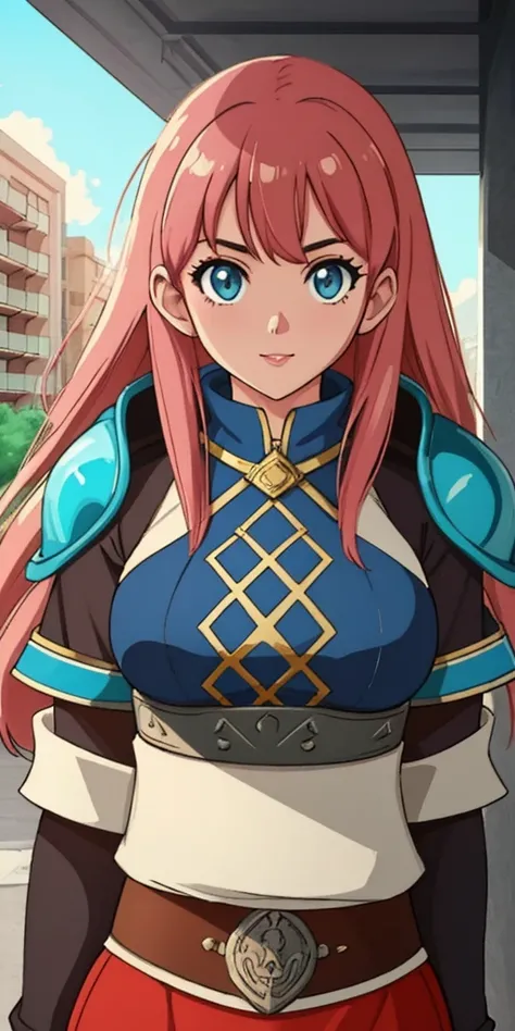 a masterpiece, award winning, best quality, a young woman, perfect face, exciting, upper body, concept art, [Pressured:Ultrarealistic:19], Street level shot of a Tedious New Wave Tezcatlipoca, Windcaller, wearing summer armor, Cold Light hair, from inside of a Voluminous Resort, at Sunrise, Cel shading, Land Art, Burgundy lighting, F/5