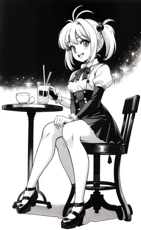 (monochrome, greyscale, manga:1.3), (masterpiece, perfect anatomy, Perfect Quality:1.3), (wide long shot full body eye contact:1.5), 1girl solo, detailed sitting in exquisite café sitting at booth, holding fancy pumpkin spice ice-cream shake in glass, (school girl uniform fully dressed thigh-length skirt:1), detailed beautiful face, beautiful eyes detailed pupils, short chin-length hair, two hair antennas, face framing bangs wispy bangs, hair ties bobbles short twintails, (happy open mouth smile upper teeth only), chiaroscuro, volumetric lighting, volumetric shading, high resolution, extremely detailed, sakura_hormone, kinomoto sakura, <lora:sakura_hormone_v1:0.666>