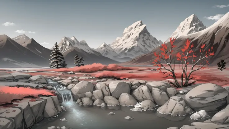 barren landscape, cracked earth, snow covered mountains in the background, low angle, from below, wide angle lens, rocks, grass, plants, small stream with water flowing from the foreground to the background,
realistic, highly detailed, cinematic,
detailed, vibrant, photo realistic, dramatic, sharp focus, 8k,