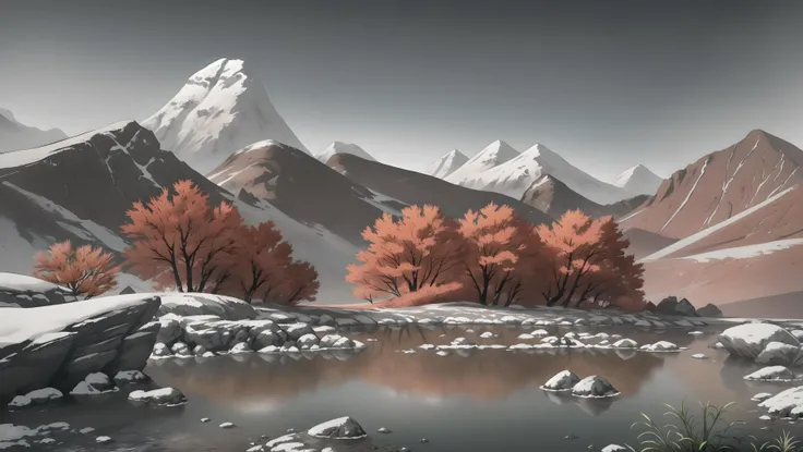 barren landscape, cracked earth, snow covered mountains in the background, low angle, from below, wide angle lens, rocks, grass, plants, small stream with water flowing from the foreground to the background,
realistic, highly detailed, cinematic,
detailed, vibrant, photo realistic, dramatic, sharp focus, 8k,