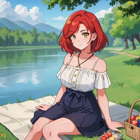 1Girl, mature, American, redhead, medium hair, yellow eyes, sitting on a picnic blanket near a lake, elegant summer dress, happy, grass, tree, lake, clouds, highest quality, highly detailed, 4K, 8K, UHD,