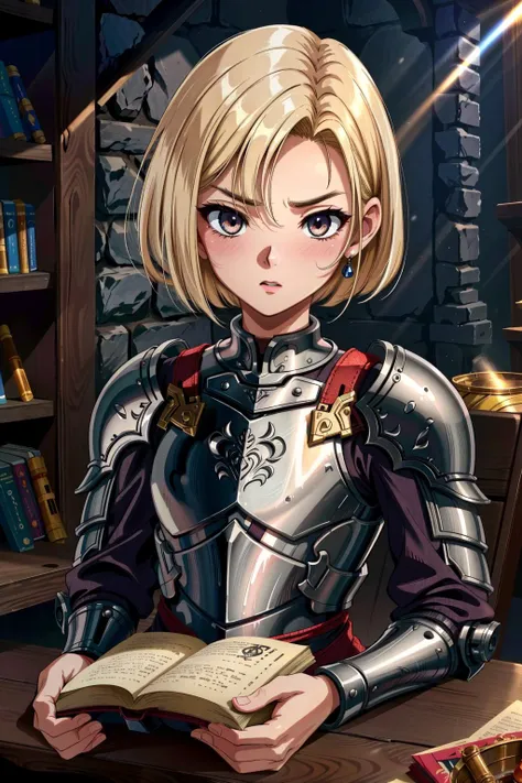 (Highest Quality, UHD,8k,masterpiece, Amazing Details), (cinematic colors, cinematic lighting, incredible details, dark shading, rich shading, perfect lighting), BREAK, destroyed city, <lora:GothicHorrorAI:.4>, BREAK, (hand-drawn), (fantasy), digital rpg art, D&D style, woman, ((adult)), (30 yo), bob cut, blonde hair, wispy hair, light hair, curved hair, armor, iron armor, (plain plate male:1.1), knight, stern look, serious, weathered, gruff, soldier, seasoned warrior, heavily weathered, tired, worn-out, (small eyes:1.2), perfecteyes eyes, <lyco:locon_perfecteyes_v1_from_v1_64_32:.7>, <lyco:GoodHands-beta2:1>, <lora:more_details:.4>, <lora:LowRA:.2>, <lora:Alex:.3>