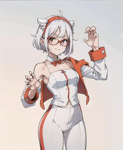 ((best quality, masterpiece)), purah, ((claw pose):1.3), red glasses, white hair, hair ornament, hair stick, red headband, white shirt, bare shoulders, white jacket, black skirt, orange leggings, standing, smiling, open mou