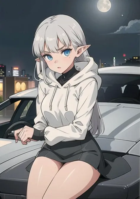 night, 1girl, pointy ears,(porsche), silver hair, realistic, soft light, neon, moon light, blue eyes, extremely detailed CG unity 8k, looking at viewer, full body, nice body, solo, sitting, (Hood of the car),cute,darling