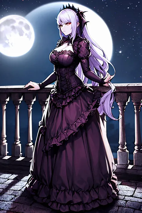 a beautiful gothic vampire. standing on a balconly under the moon. eerie. volumetric light, high dynamic range.