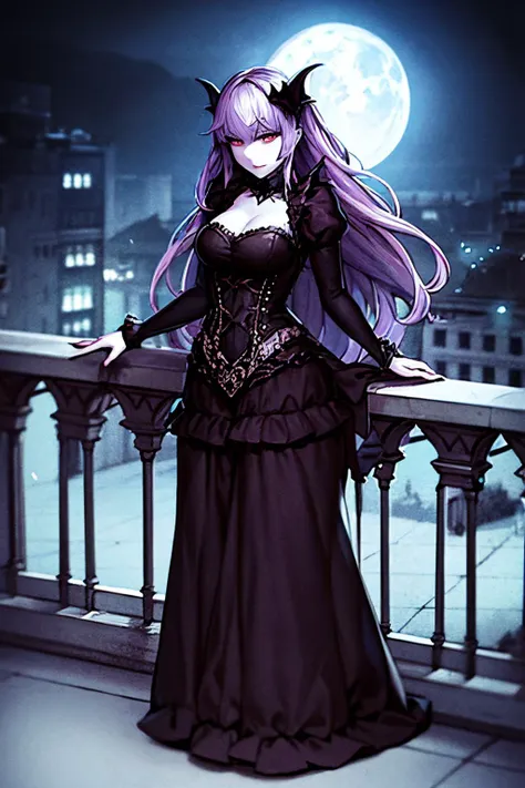 a beautiful gothic vampire. standing on a balconly under the moon. eerie. volumetric light, high dynamic range.