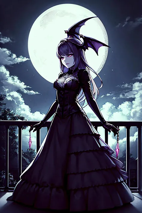 a beautiful gothic vampire. standing on a balconly under the moon. eerie. volumetric light, high dynamic range.