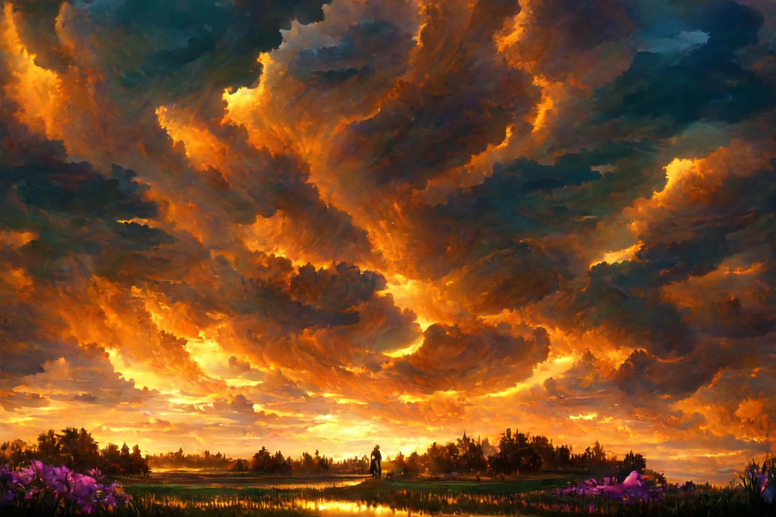 Painting of a sunset with a person walking across a field - SeaArt AI