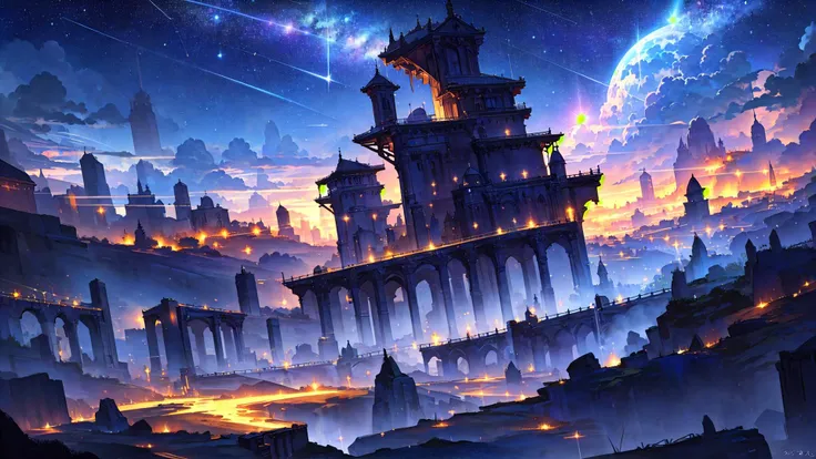 (masterpiece), (extremely intricate), fantasy, (perfect composition:1.4), (4k), high quality, best quality,((detailed face)), ((extremely detailed digital art)), nice atmosphere, night, dark clouds, stars in the sky, shooting stars, landscape, <lora:PAseerV1:0.6>