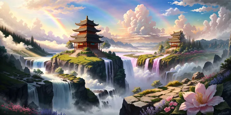 pink flowers, waterfall, pencil painting, landscapes, outdoors, <lora:PAseerV1:0.8>, rainbow, fog, soft light, god rays, 8k, Chinese architecture