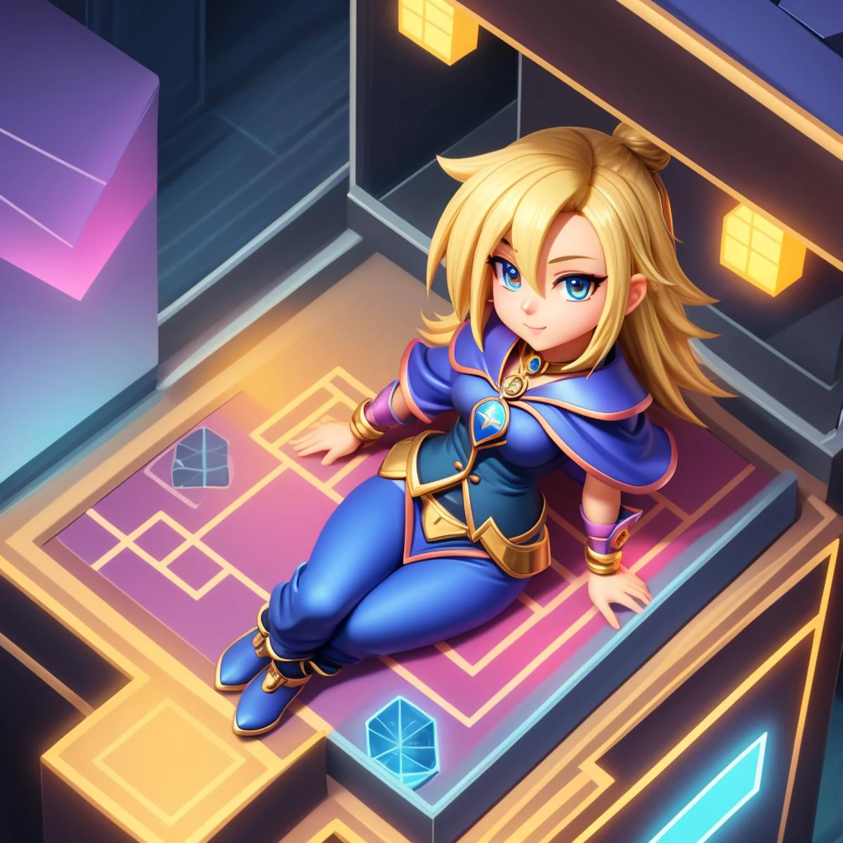 <lora:miniaturemaps_last:0.8> isometric style, vibrant, crisp, ntricate, detailed, dark magician girl in a miniature, blonde hair, <lora:dark_magician_girl_offset:0.5>