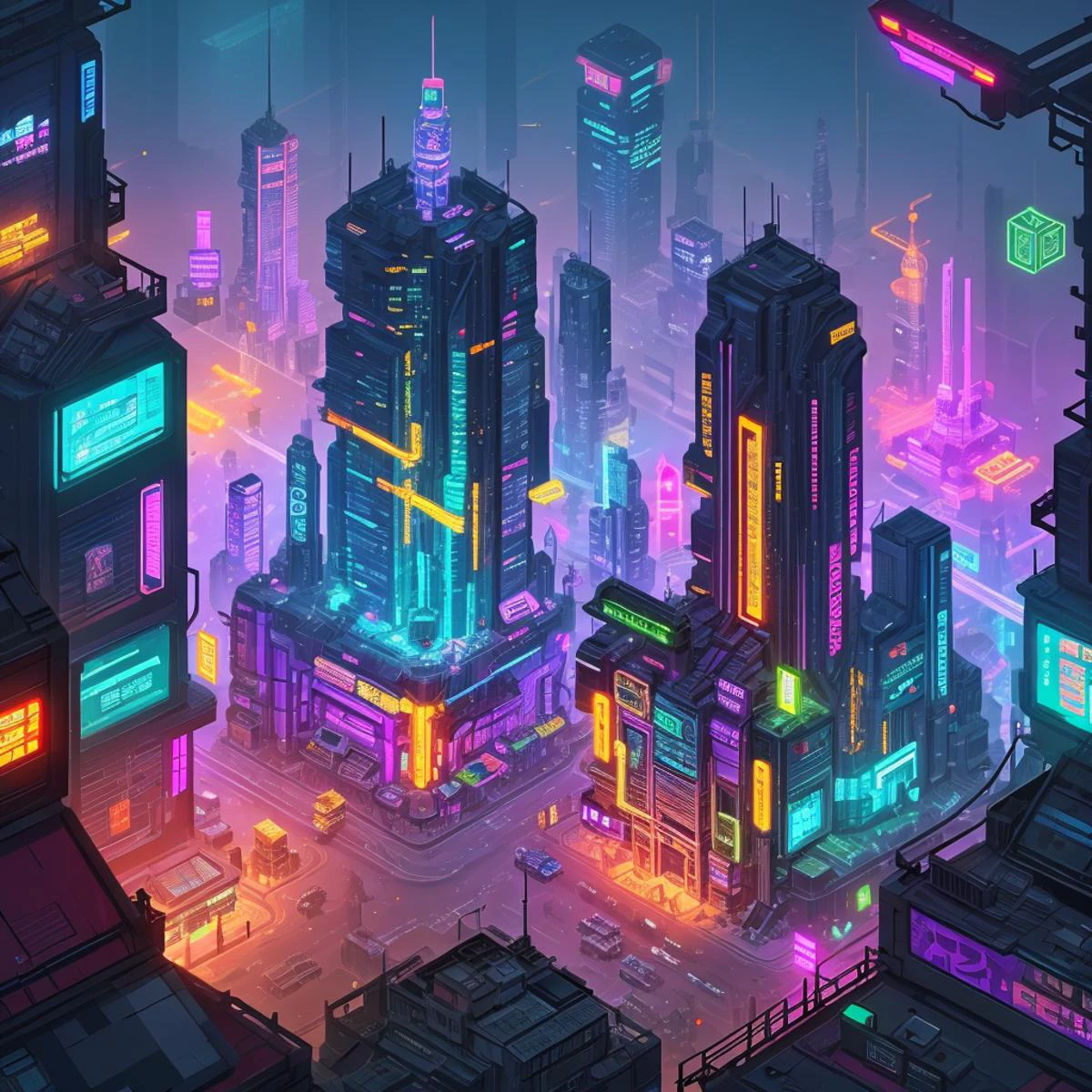 <lora:miniaturemaps_last:0.8> isometric style, vibrant, crisp, ntricate, detailed, <lora:duobackground:0.5> fantasy, cyberpunk city