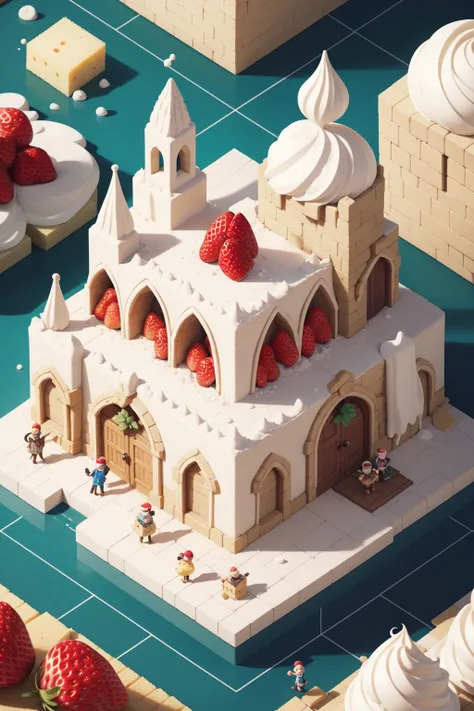 masterpiece, best quality, highres, ultra detailed, <lora:miniaturemaps_last:2.5> isometric style, vibrant, beautiful, crisp, intricate, landscape, town, crowd, (Sponge cake with lots of cream and one strawberry on top:1.1), imaginative and colorful illustration, delightful and vibrant scene, focus on intricate cake details, lively composition, evokes a sense of joy and celebration